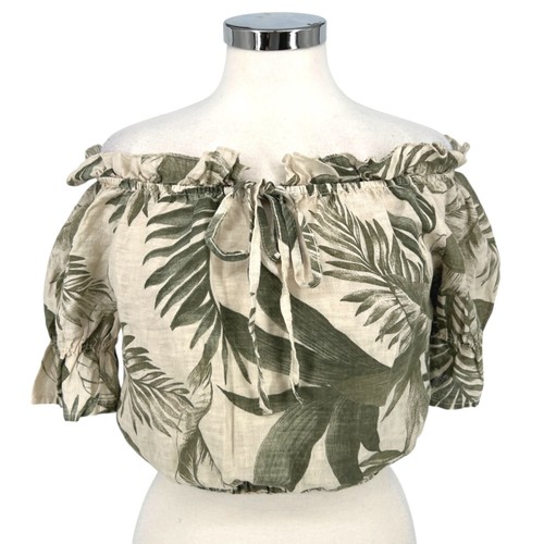 Milio Milano Boho Tropical Linen Off-Shoulder Blouse Green Cream Size Small NWT