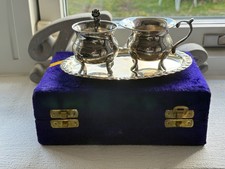 Antikes Milch Zucker Set Tablett Etui versilbert + 800 Silber Löffel JFD Stempel