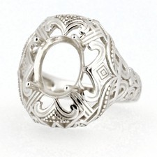 Sterling Silver Semi Mount Ring Setting Oval 10x8mm Art Deco Style Ring
