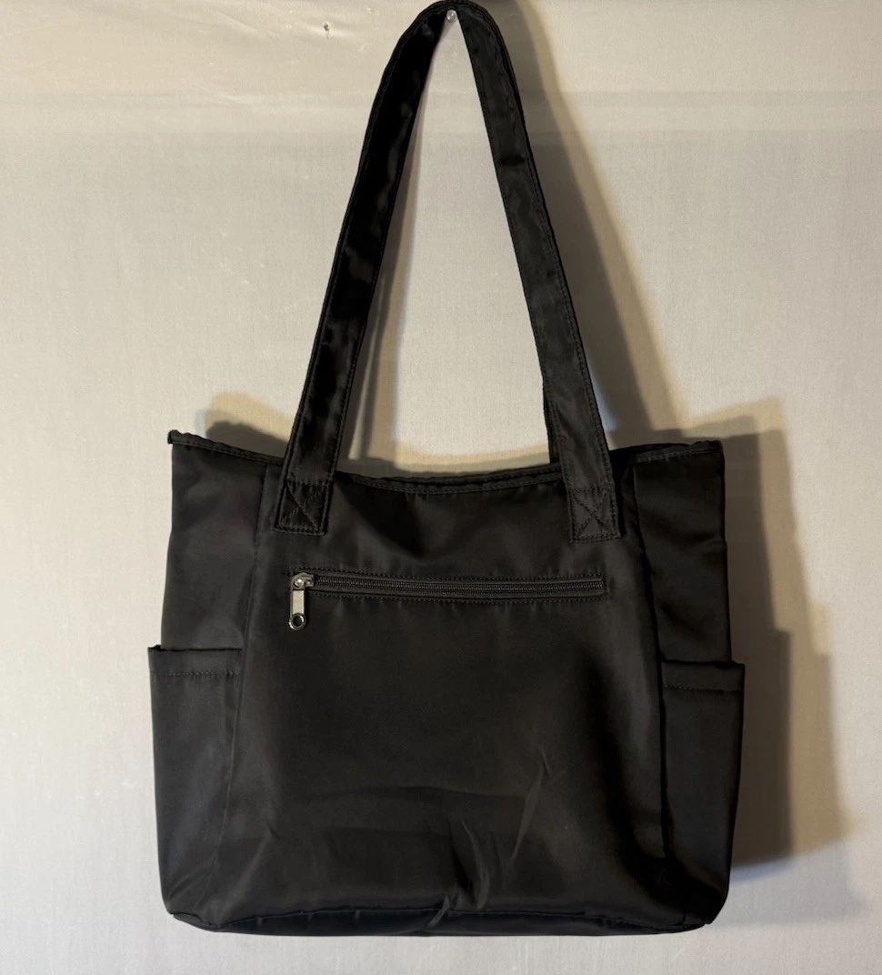Black Solid Tote Baby Diaper Bag with Zipper, Inner Pockets, Beige Interior