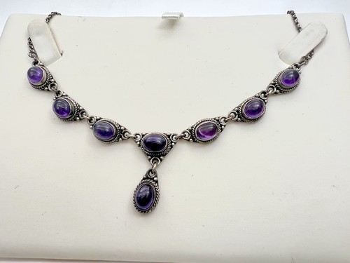 Vintage 925 Sterlingsilber Amethyst Cabochon Edelsteine Lariat Drop Halskette - Bild 3 von 6