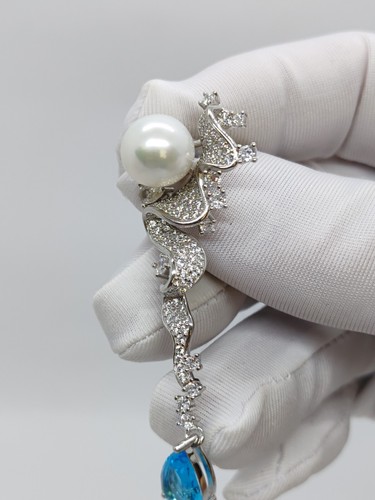 Genuine Huge Natural 14mm White Sea Pearl Earrings Drop PT950 Platinum Diamonds - Picture 6 of 24