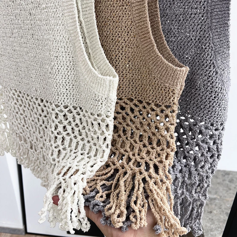 Brunello Cucinelli Womens Round Neck Sleeveless Hollow Sequined Linen Vest - Image 4 of 4