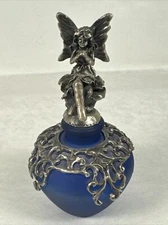 Vintage Perfume Bottle Cobalt Pewter Filigree Collar Pewter Fairy Stopper