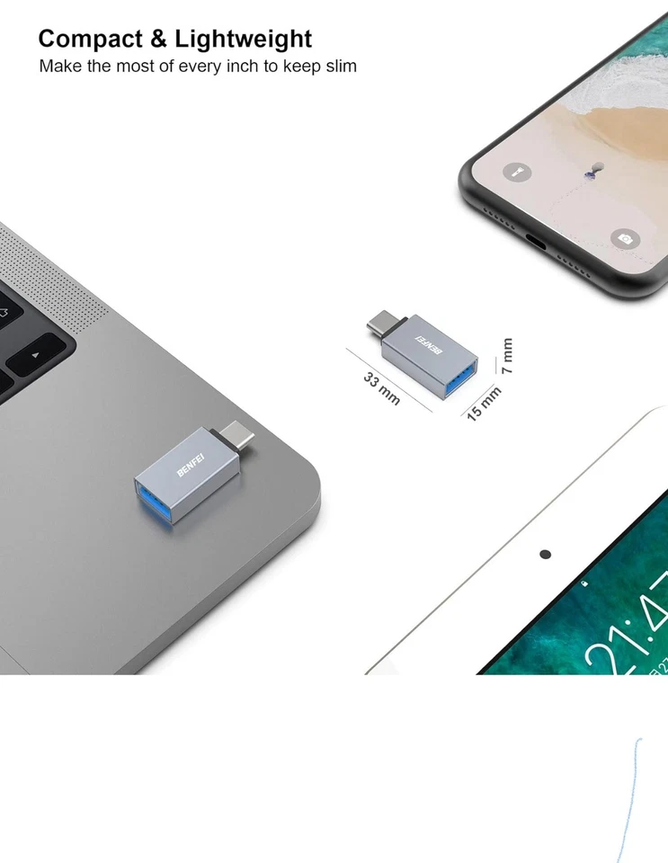 Адаптер BENFEI USB C на USB 3.0, совместимый с адаптером USB C на A штекерный-гнездовой упаковка 3 шт. - Изображение 4 из 4
