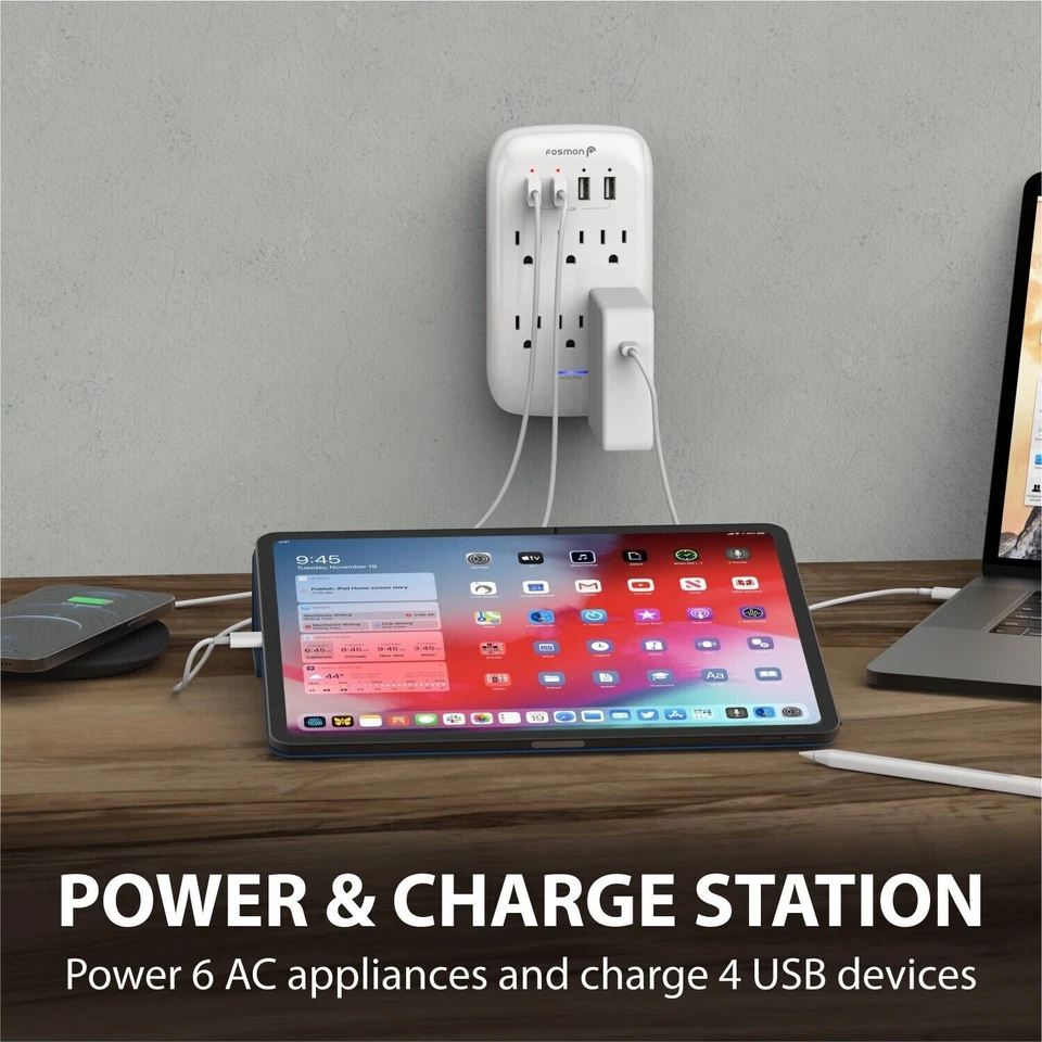 6 Outlet Extender 1225J Surge Protector With 4 USB Charger Port Wall Adapter Tap - Image 3 of 4