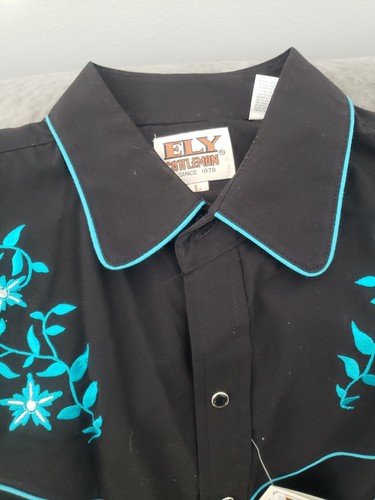 Camisa Western Grande Para Hombre Ely Cattleman Broches Negro Aqua NUEVA - Imagen 2 de 7