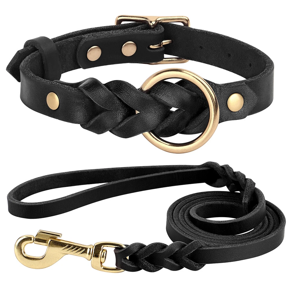 Genuine Leather Braided Dog Collar and Leash Set Heavy Duty For German Shepherd - Image 3 of 4
