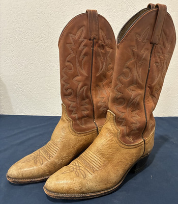 Vintage DAN POST Cowboy Boots Canyon Brown Leather  Stitched Almond Toe Mens 8D