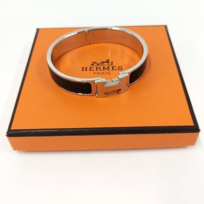 HERMES Bangle Clic Clac H Enamel Bracelet Plated Black Silver Women's Accessory