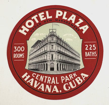 1940's Luggage Label "Hotel Plaza Central Park, Havana, Cuba Great Pic of Hotel*