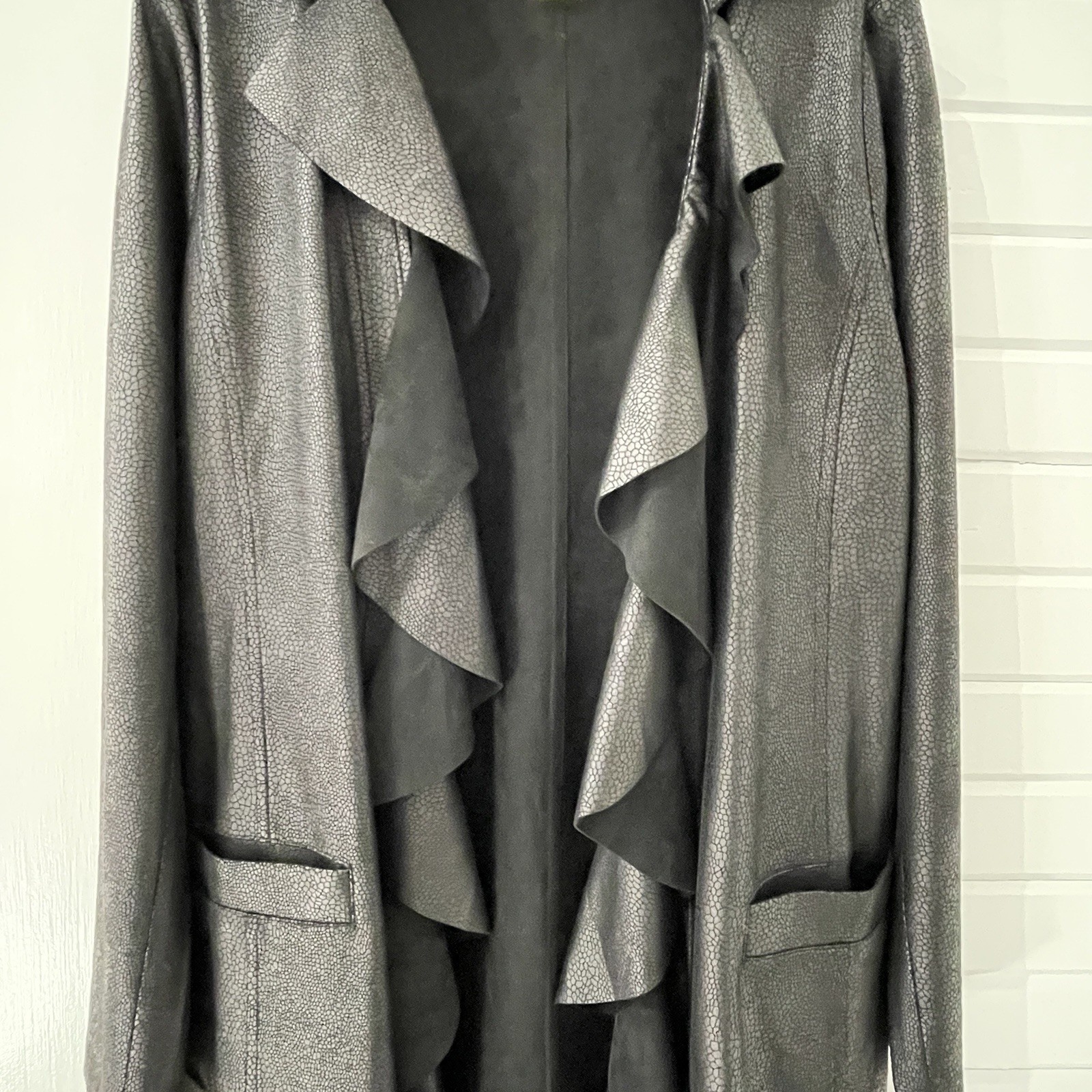 Oolala Cascading Ruffle Front Vegan Leather Duste… - image 2