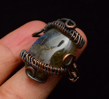 Labradorite Gemstone Copper Wire Wrapped Handmade Jewelry Ring Size 11