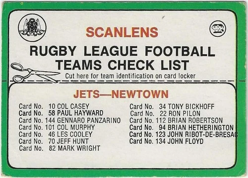 1978 Nrl Rugby League Scanlens Checklist - NEWTOWN JETS