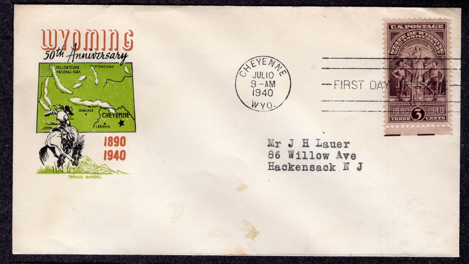 1940 Wyoming Statehood 50th (Scott 897) - Torkel Gundel FDC TE574