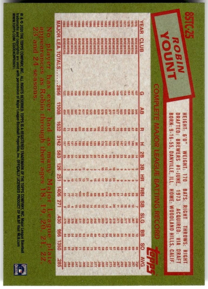 2020 Topps #85TC-25 Robin Yount 1985 Topps Chrome Silver (Series 2) - Image 2 of 2