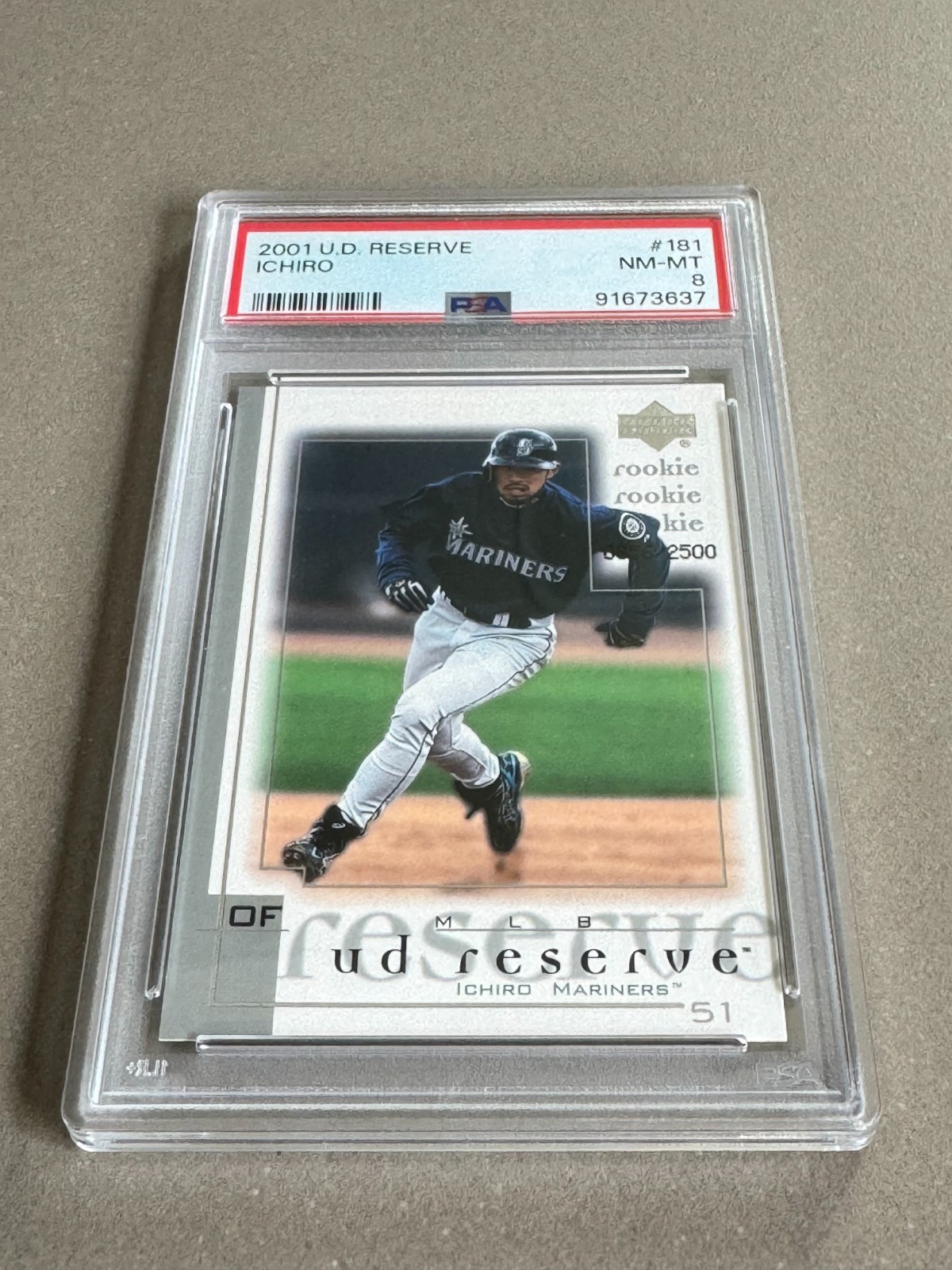 Ichiro Suzuki (RC) /2500 -- 2001 Upper Deck Reserve #181 (PSA 8) -- HOF, Mariner view 3