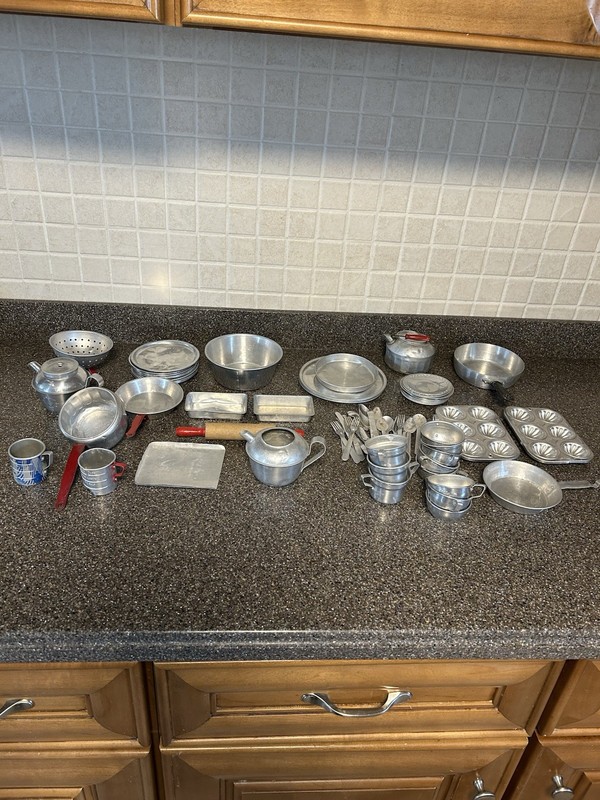 Vintage Children’s Aluminum Baking Cooking Toy Play Set 75 pieces