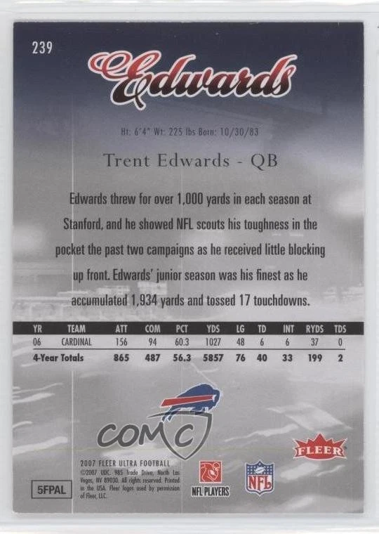 2007 Fleer Ultra Ultra Rookies Retail Trent Edwards #239 Rookie RC - Image 2 of 2