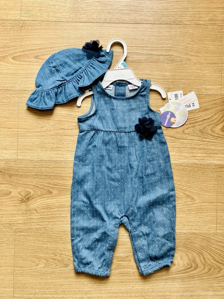 Nuevo con etiquetas Bebé Niña 3-6 Meses Conjunto Ropa Mameluco Sombrero Azul Denim Verano Foto 2 de 4