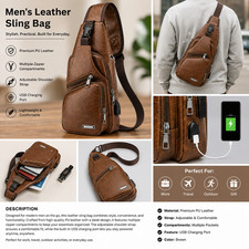 Brown Chest Crossbody Bag Sling Backpack for Men with USB Charge Port