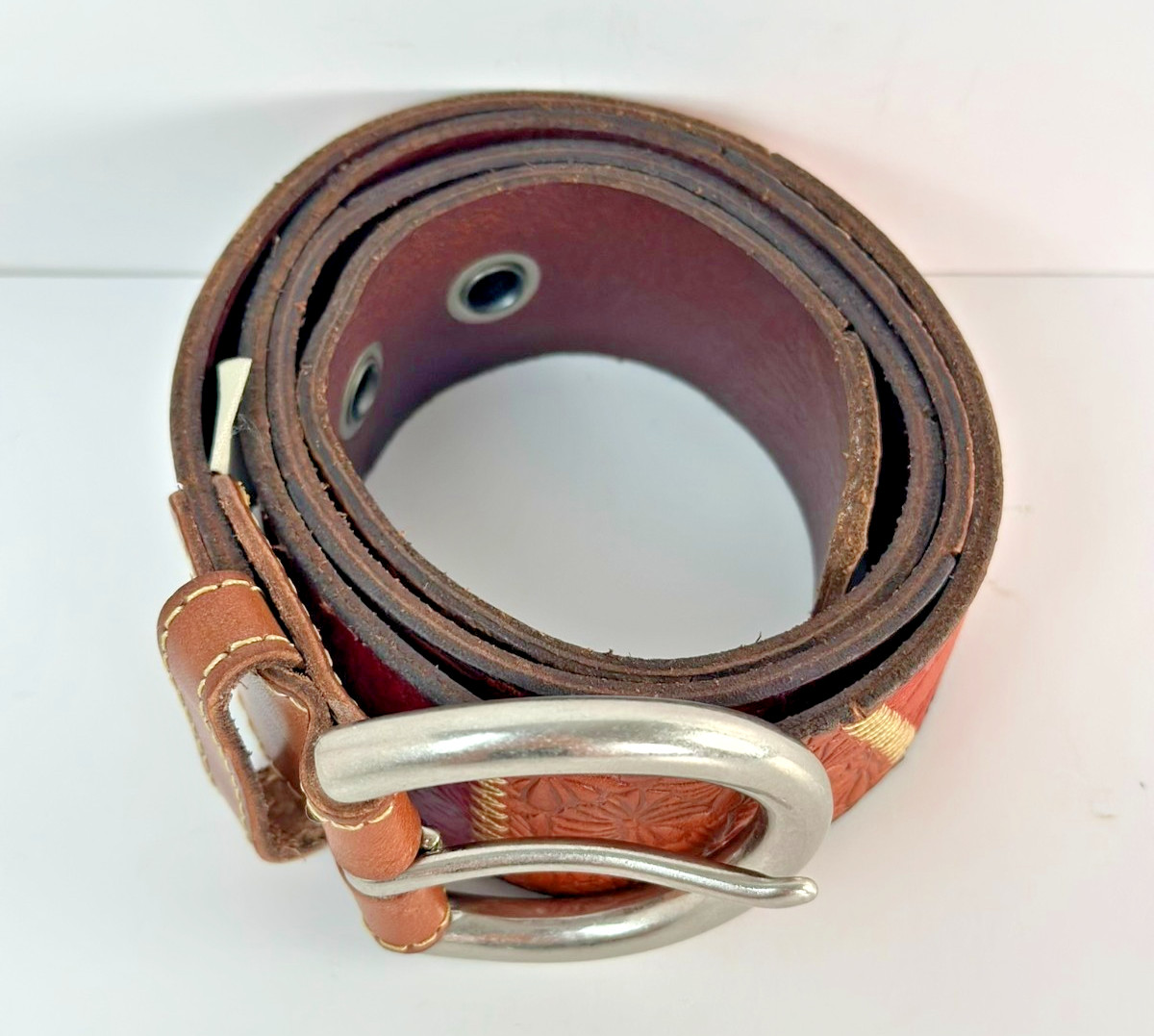 Fossil Leather Belt Patchwork Embossed Brown Wide… - image 2