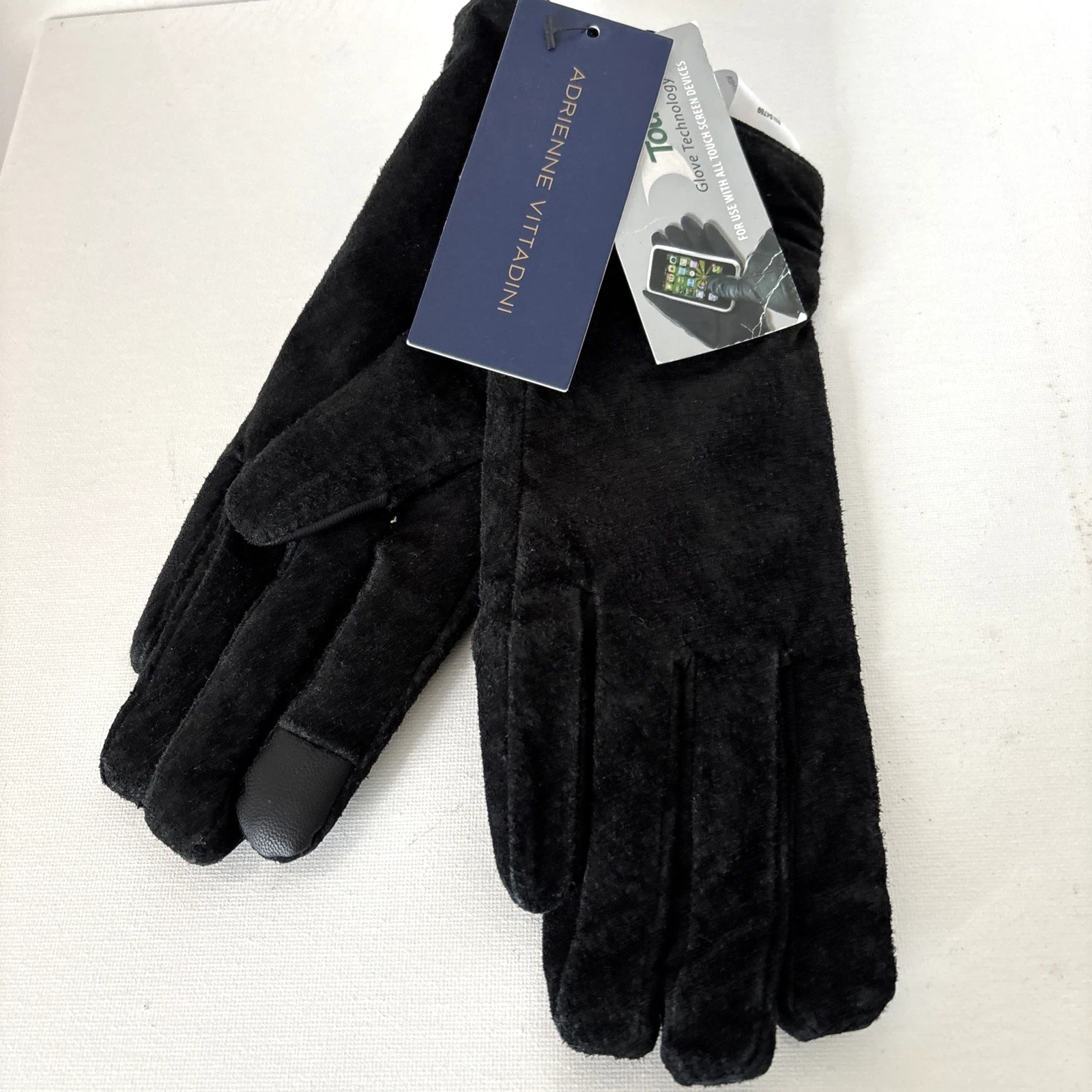 Adrienne Vittadini Black Leather Gloves Suede Size Medium Touch Technology