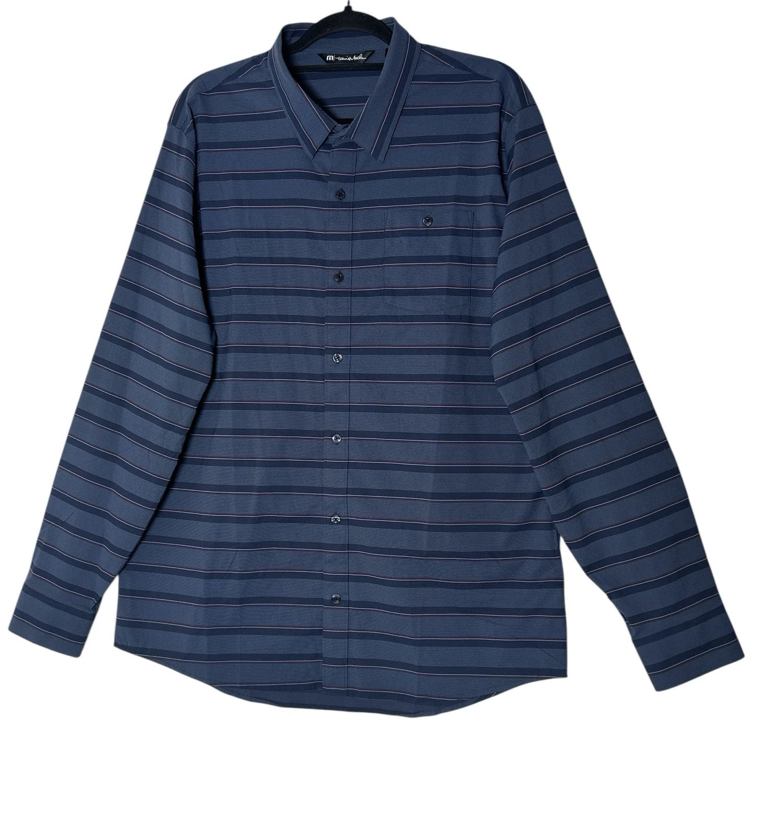 Travis Mathew Shirt Mens Size XL Blue Striped Lo G Sleeve Stretch Button Front