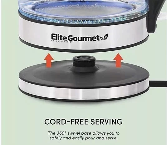 Hervidor de agua Elite Platinum inalámbrico de vidrio de 1,7 L, acero inoxidable Foto 4 de 4