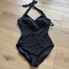Spanx size Large pique shaping one piece halter swimsuit black built in bra NWT