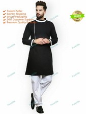 Mens Kurta Black Cotton Indian Kurat Solid Plain Full Sleeves Casual T Shirt Men