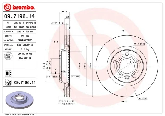 2x BRAKE DISC 09.7196.11 FOR VW SEAT AUDI A4/S4 AEB/AFY/ARG/APT/ADR 1.8L 4cyl A4 - Image 2 of 4