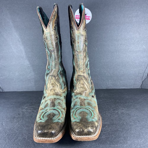 Justin Stampede Western Cowboy eckige Zehenpartie braun türkis Blumenmuster Damen - Größe 9,5 B - Bild 3 von 9