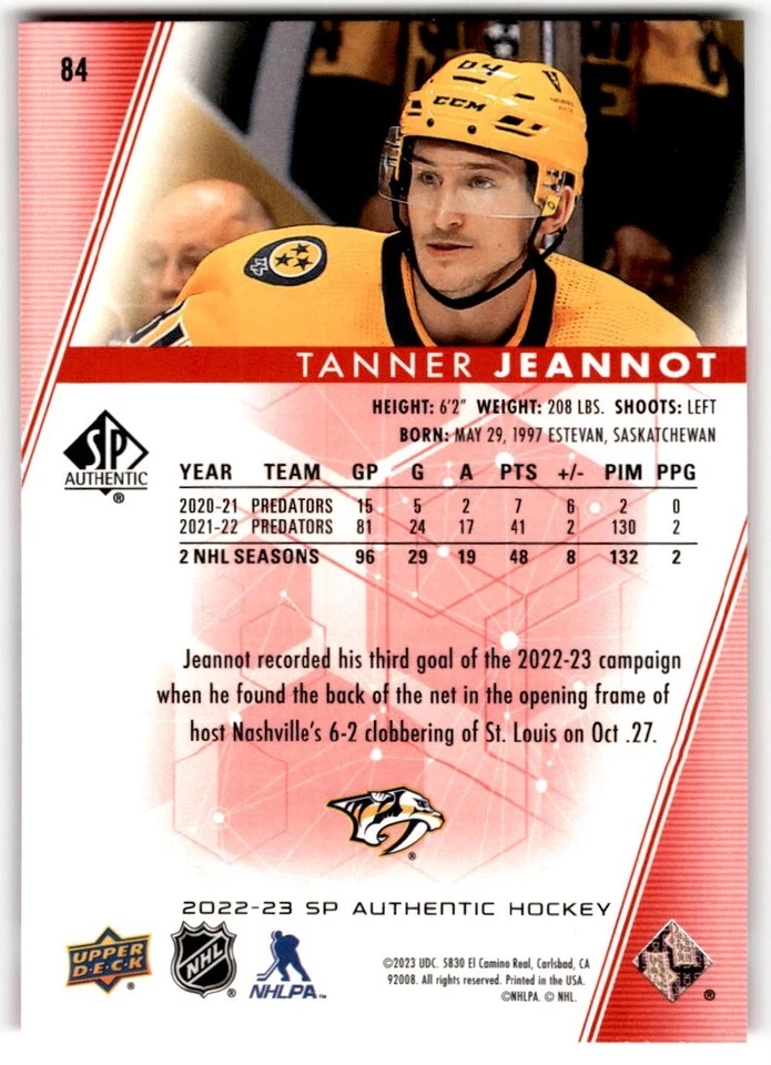 Tanner Jeannot 2022-23 SP Authentic Limited Red #84 Nashville Predators - Image 2 of 2