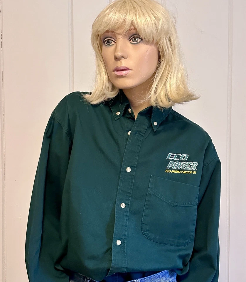 Button Down Work Shirt “Eco Power Eco Friendly Motor Oil” Green Cotton - Image 2 of 4