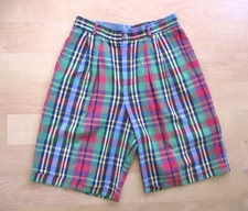 Vtg 80s Colorful Plaid Pleated Baggy Preppy Boat Shorts Full Lining Cuffs 29