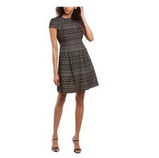 Vince Camuto Womens 8 Black Metallic Lace Fit Flare Short Sleeve Dress NWT AX68