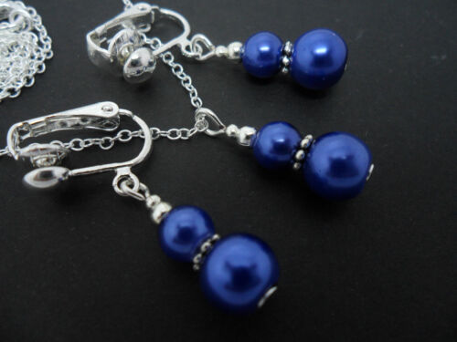 A  BLUE PEARL   NECKLACE AND CLIP ON  EARRING SET. NEW. - Picture 1 of 2