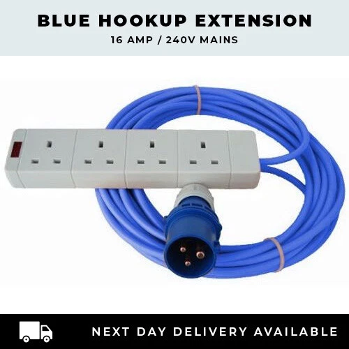 5M BLUE CAMPING ELECTRIC HOOK UP LEAD 4 WAY SOCKET FOR TENT, MOTORHOMES, BOATS