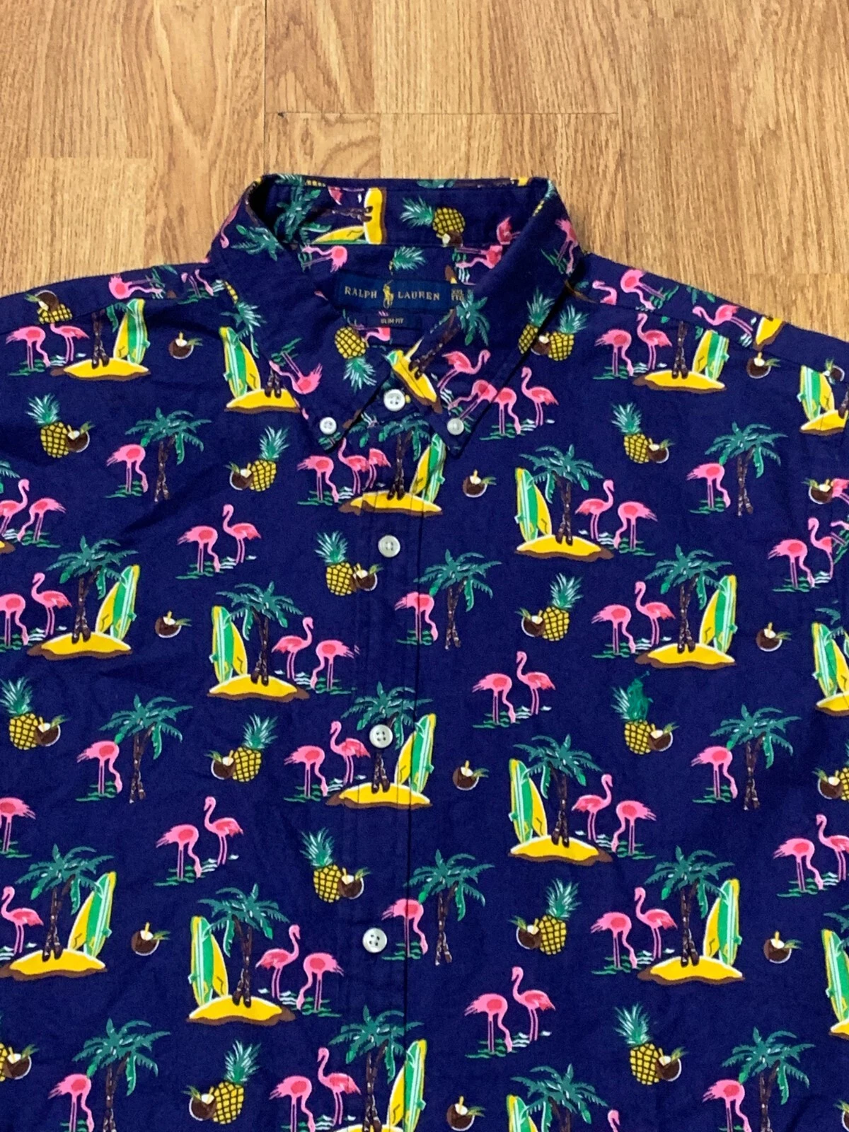 Ralph Lauren Shirt Mens 2XL Slim Fit Blue Oxford Flamingo Hawaiian Vacation