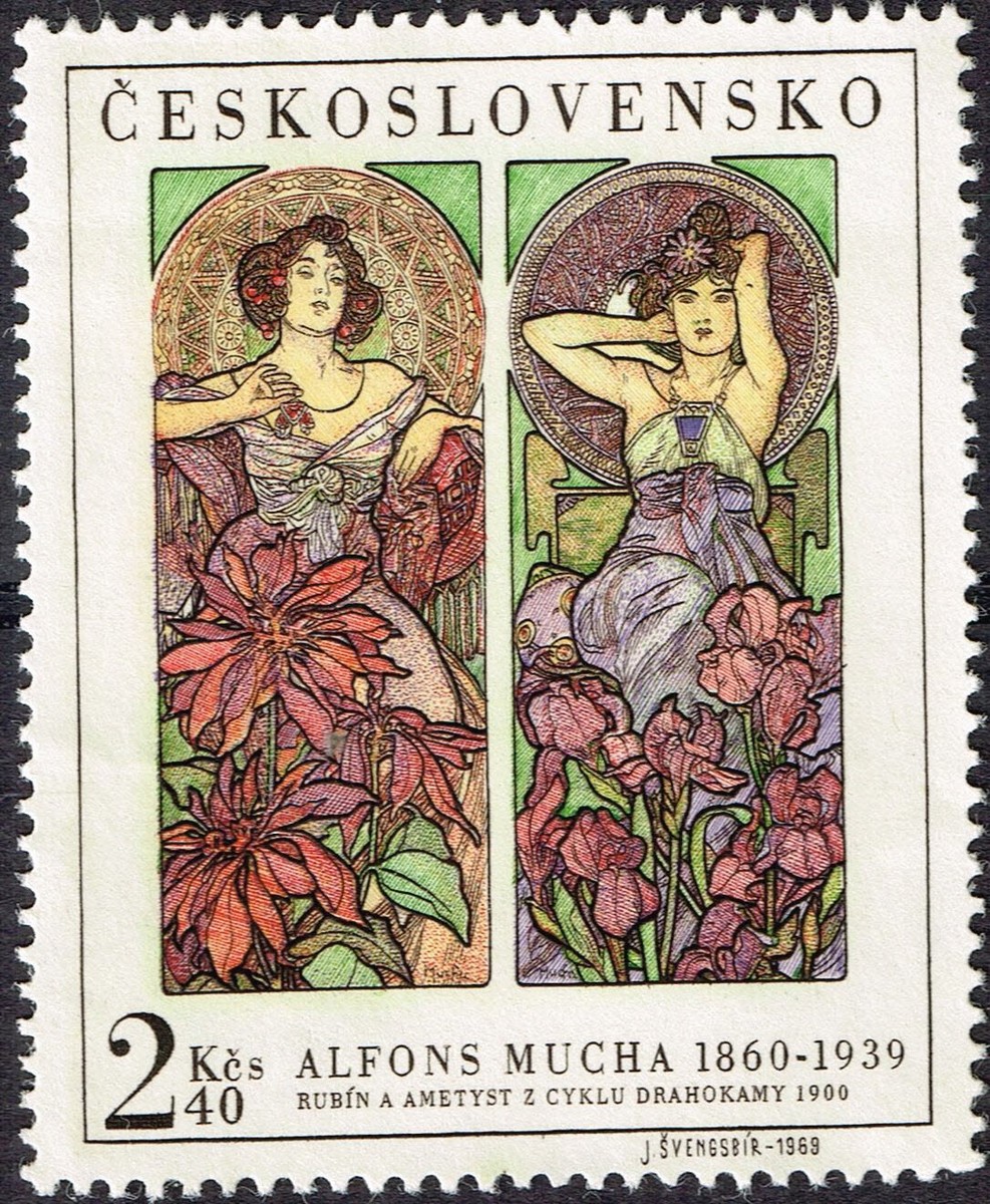 Czech Art Nouveau Alfons Mucha Famous Paintings Women stamp