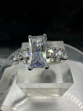 Emerald cut ring accents silver elegant cubic zirconia stainless steel ladies