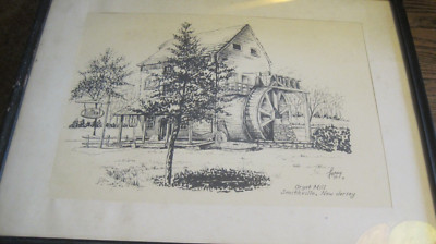 1970 GRYST/GRIST MILL Framed Ink Drawing SMITHVILLE NEW JERSEY BY FARAG/LARAG?