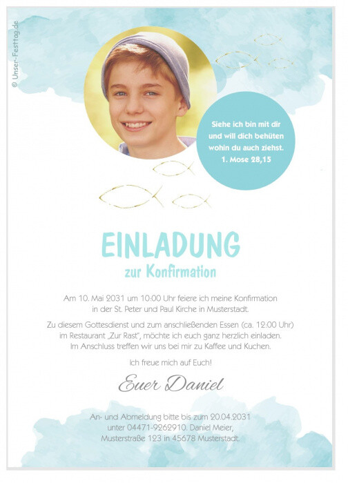 Konfirmation Einladungskarte einladen Freunde Familie schön mit Fische für Jungs