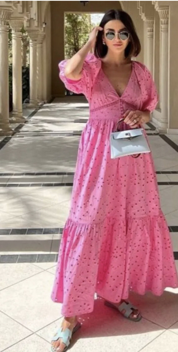 Zara Womens Puff Sleeve Ruffle Eyelet Embroidery Midi Dress Pink Sz XS