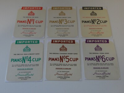 vint. PIMM'S No. 1-6 bottle labels 5 5/16 x 4 gin scotch brandy rum whisky vodka