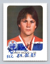 Andy Moog Authentic Autographed 1981-82 Red Rooster Edmonton Oilers Rookie Card. rookie card picture