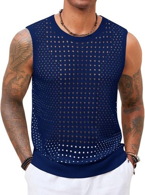 Mens Knit Tank Tops Hollow Out Crochet Sleeveless Summer Beach See