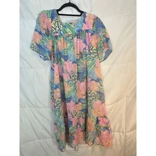 Vintage Tropical Floral Shell Butterfly Square Neck Gauze Midi Dress