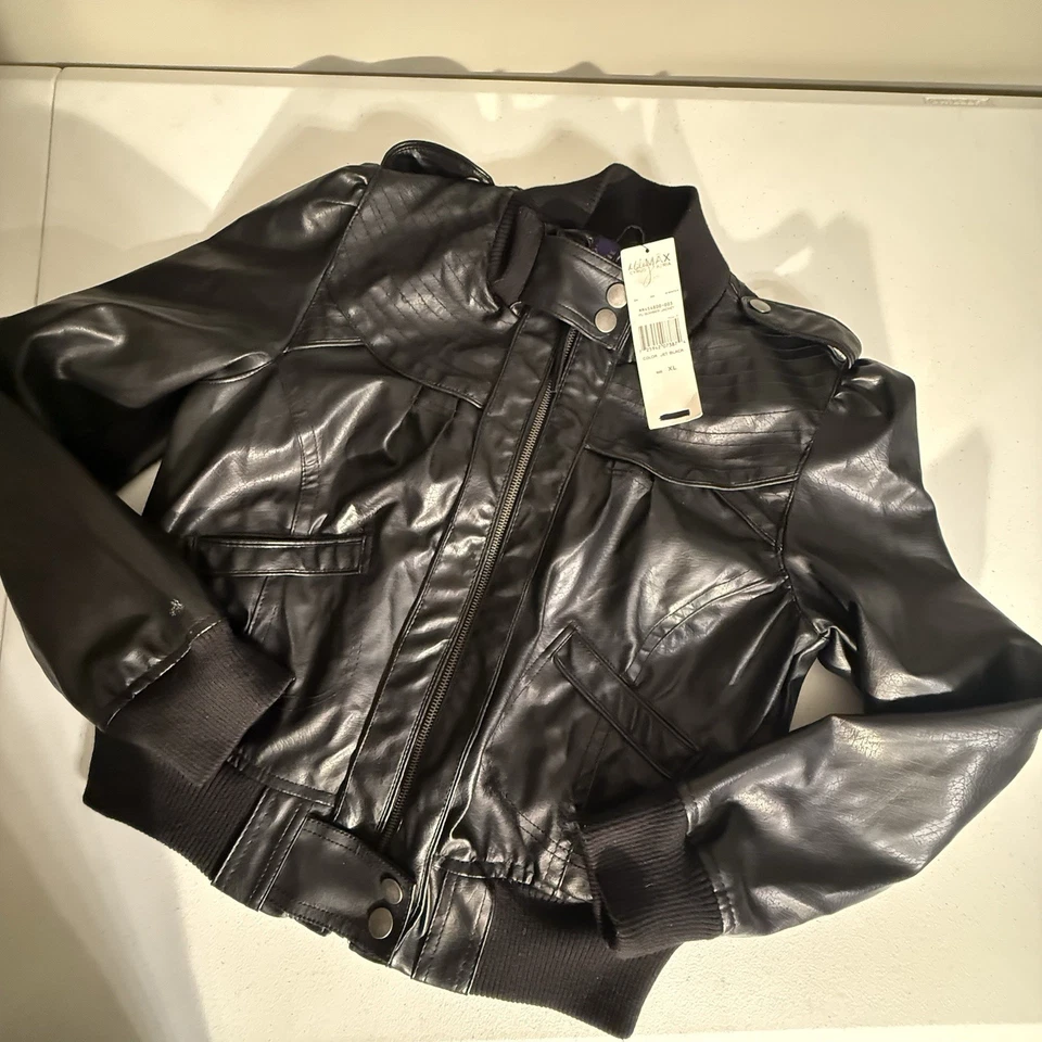 Miley Cyrus Max Azria Black Faux Leather Bomber Jacket Women’s XL New With Tag - Image 1 of 4